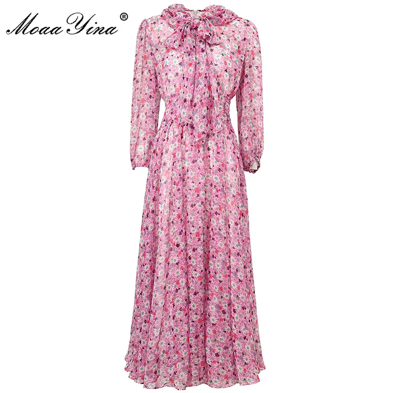 MoaaYina 2021 Fashion Designer Summer Holiday Pink Long Dress Women's Elegant Bow tie Lantern Sleeve Floral print Chiffon Dress