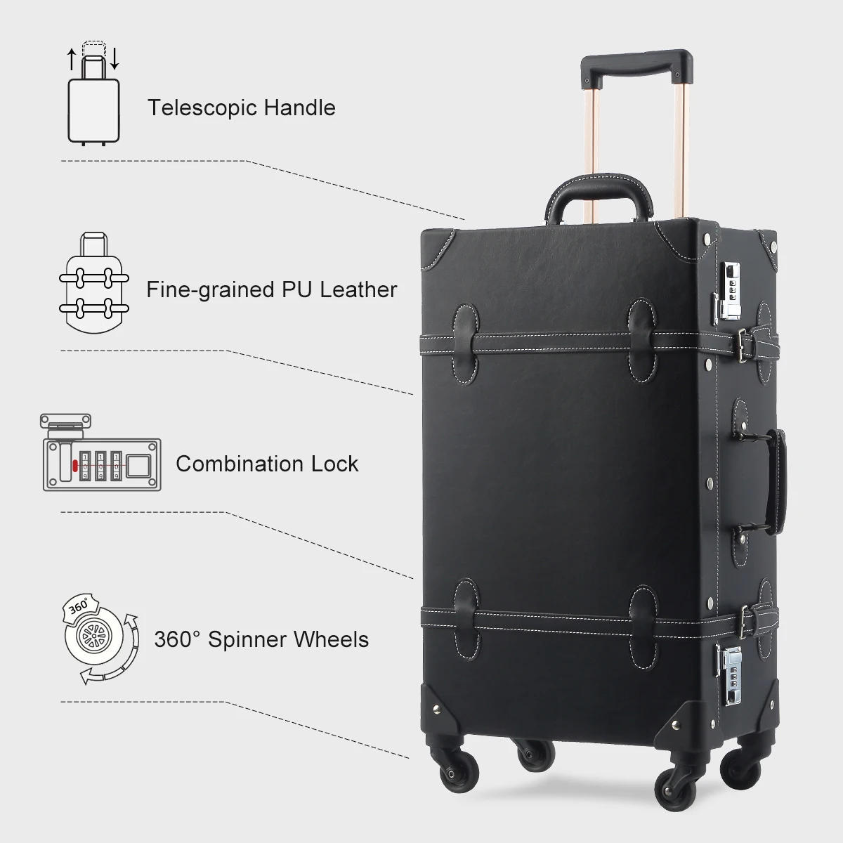 UNIWALKER Vintage Travel Suitcase Set Trunk Luggage 2 pcs Trolley 4 Wheels Black Number Lock 20inch-26inch