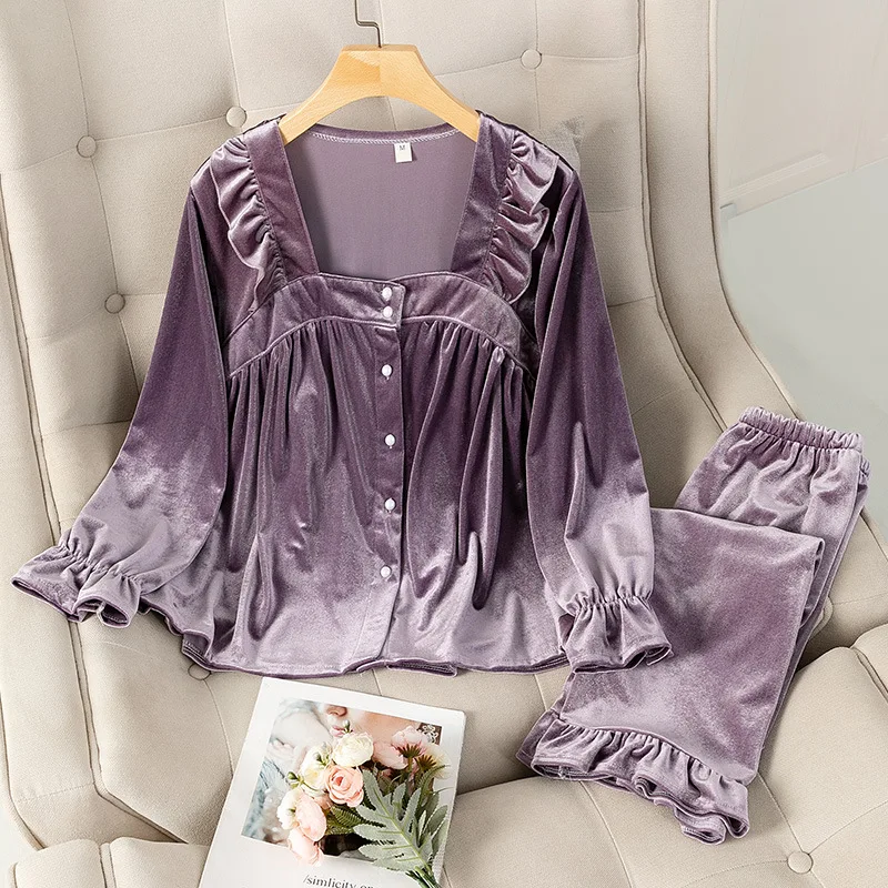 

Velvet Nightwear Women Sleep Set Intimate Lingerie Casual 2PCS Pajamas Suit Spring Autumn New Velour Home Clothing Sleepwear