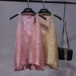 Yan Li  Sexy Shoulders and Heart Leakage Hang Sequined Jacket Neck Lace Knitting Wear Outside Hang Back  Sleeveless Top Women