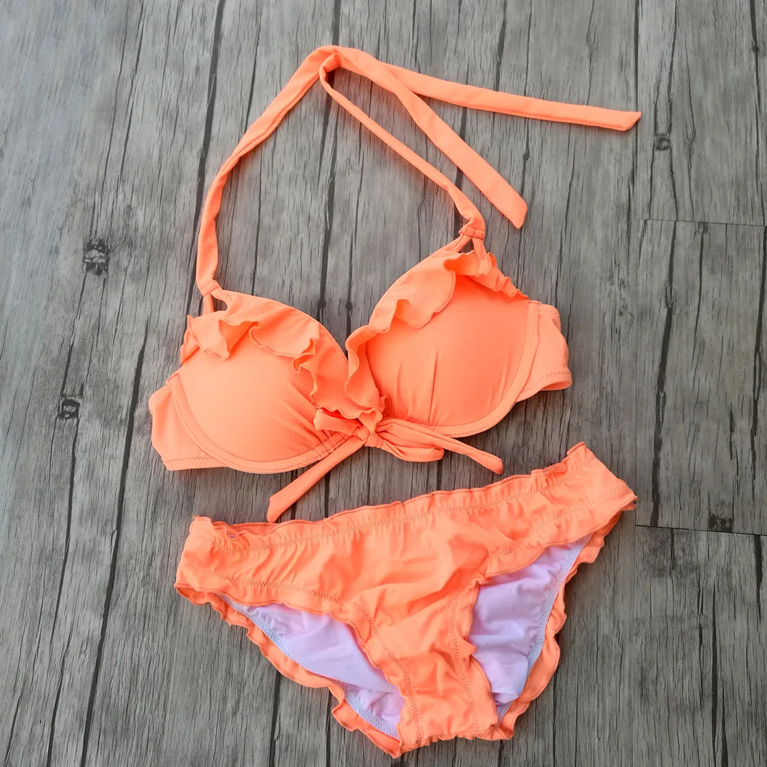 Orange Lace Underwire Bikini Set Women Bathing Suits Sexy Biqini Maillot De Bain Low Waist Plus Size Girl Swimwear