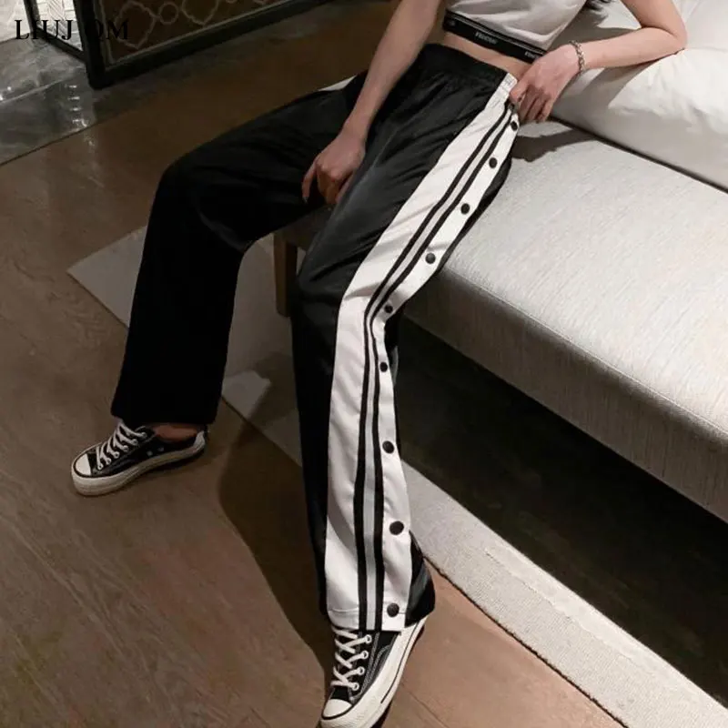 2026 Women Joggers Sweatpants Casual Wide Leg Pants Women Stripe Hip Hop Sweat Pants Streetwear Women Button Trousers Vintage