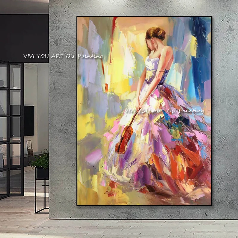 The Handmade Music Girl Woman Figure Violin Oil Painting on Canvas Art Paintings Color Wall Picture Artwork Living Room Decor