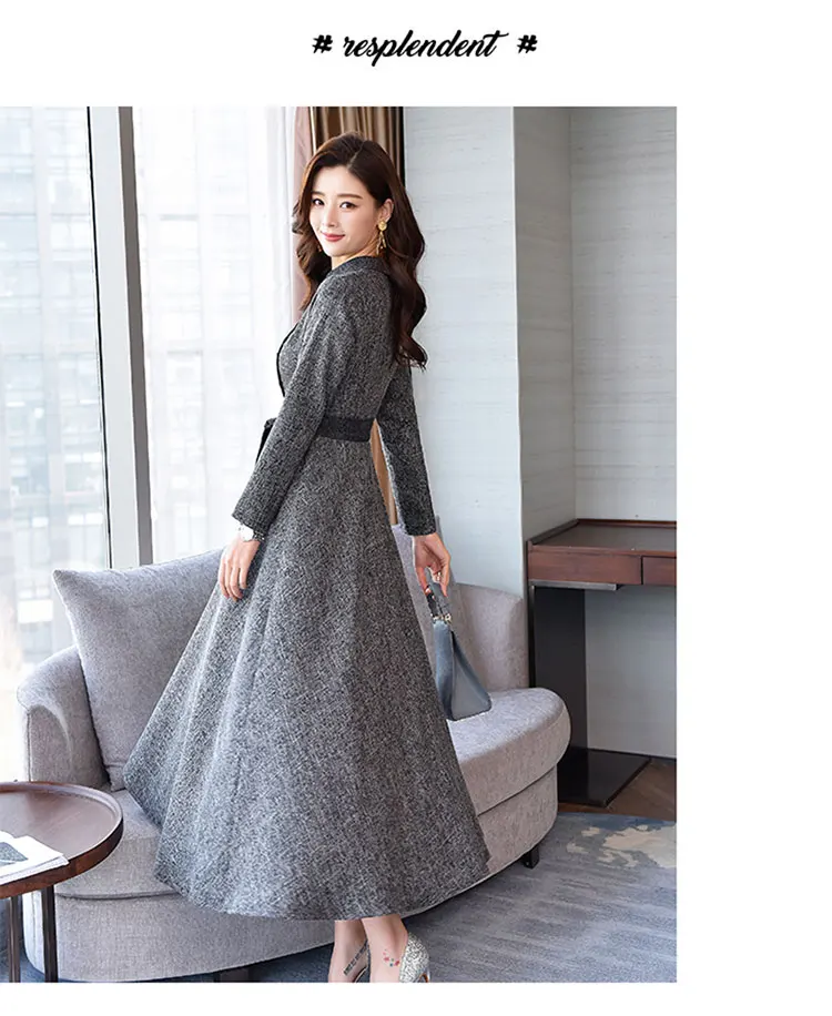 M-3XL 2021 Spring  New Arrival Elegant Peter Pan Collar  Solid Color Collect Waist  Long Sleeve Woman  Long Dress