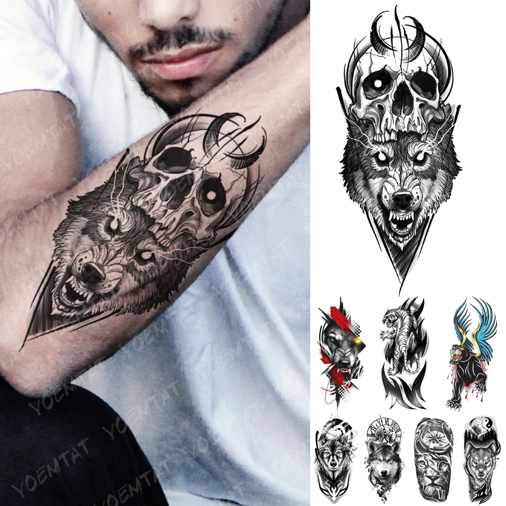 

Waterproof Temporary Tattoo Sticker Wolf Tiger Skull Lion Tattoos Yin Yang Clock Forest Body Art Arm Fake Sleeve Tatoo Women Men