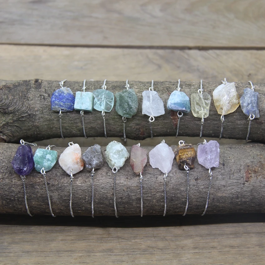 

Raw Crystal Quartz Amazonite Citrines Tourmaline Stone Nugget Beads Silvery Chains Adjustable Bracelet Women Jewelry QC2003