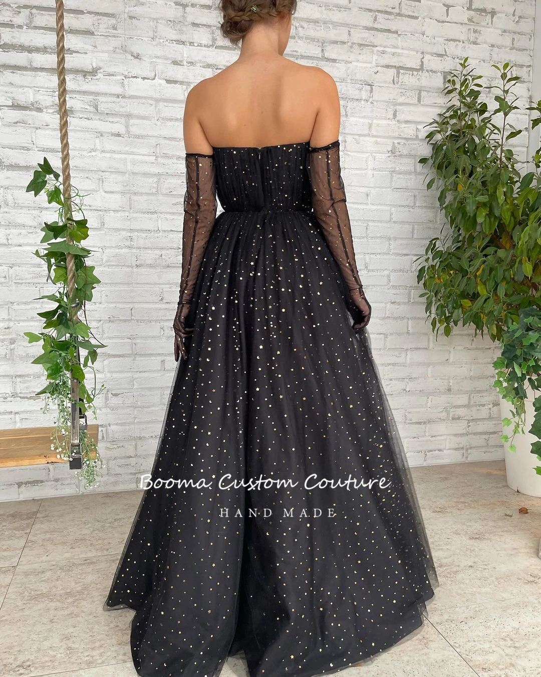 Booma elegante preto estrelado tule vestidos de baile com capa 2022 strapless a line maxi vestidos de festa longos vestidos de noite formais