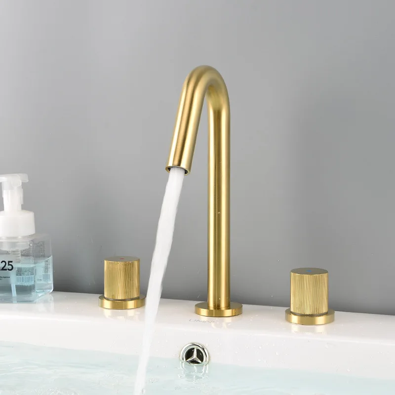 Top quality Light luxury Brushed gold brass bathroom sink faucet copper three holes Two handle cold hot basin mixer faucet