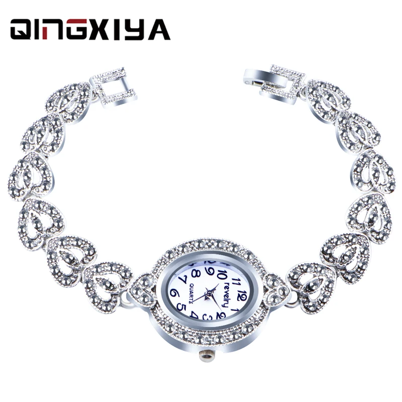 QINGXIYA Brand Luxury Women Gray Crystal  Bracelet Watches Fashion Women Dress Wristwatch Ladies Antique Silver Quartz Watch