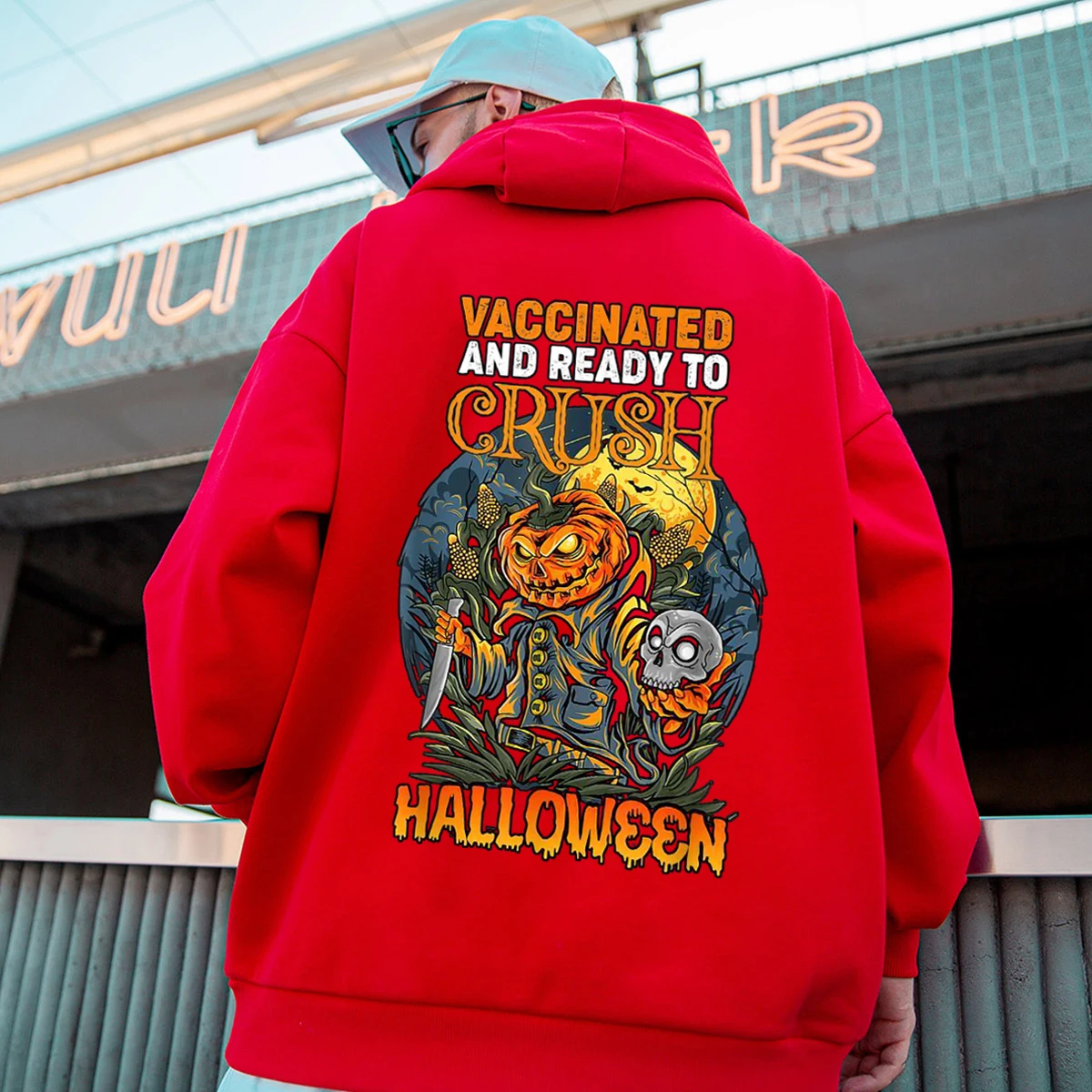 VACCINATED AND READY TO CRUSH HALLOWEEN Oversize Hoodie Men Fleece Pocket Clothes Autumn Hip Hop Streetwear Cotton Casual Hoody