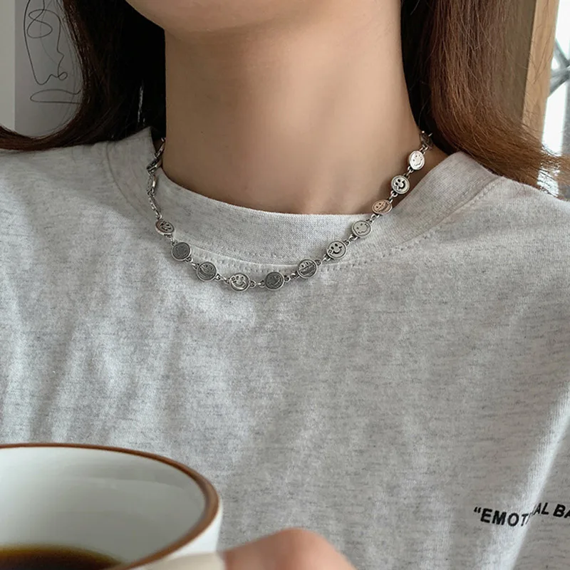 Mewanry Spring New Silver Color Smile Face Clavicle Chain Sweater Necklace Vintage Punk Birthday Party Jewelry Gifts