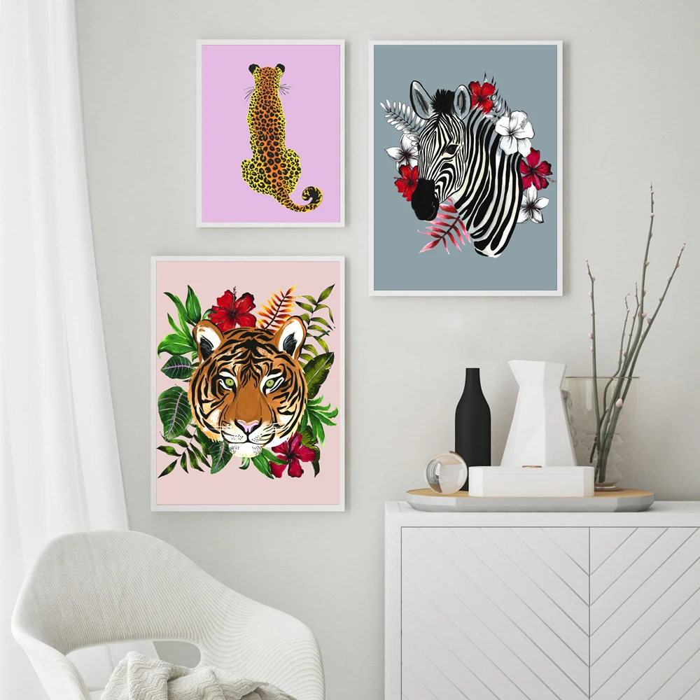 Colourful Animal Print Canvas Paintings ,Leopard Tiger Zebra Poster,Retro Art Wall Picture,Vintage Living Room Home Decor