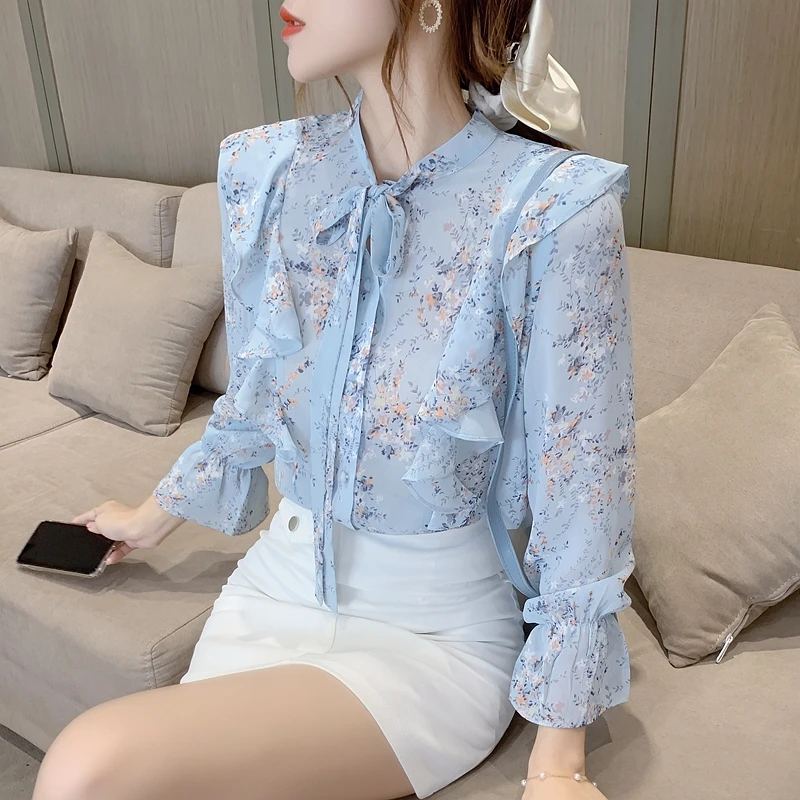 Autumn Long Sleeve Blouse Women Blusas Mujer De Moda 2024 Ruffles Blue Print Chiffon Blouse Shirt Tops Women Blouses Blusa D743