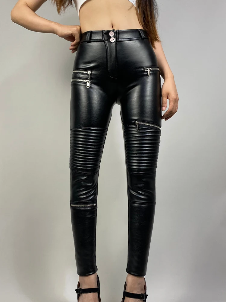 Shascullfites Melody Womens Leather Moto Pants Black Pencil Pants Warm Biker Pants Women's Clothing with Free Shipping