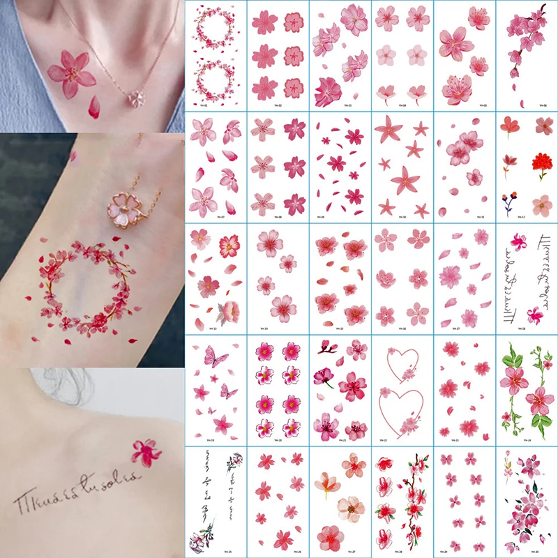 30 Sheet Pink Small Flowers Body Art Chest Water Transfer Waterproof Temporary Tattoo Girl Waist Bracelet Flash Tatoo