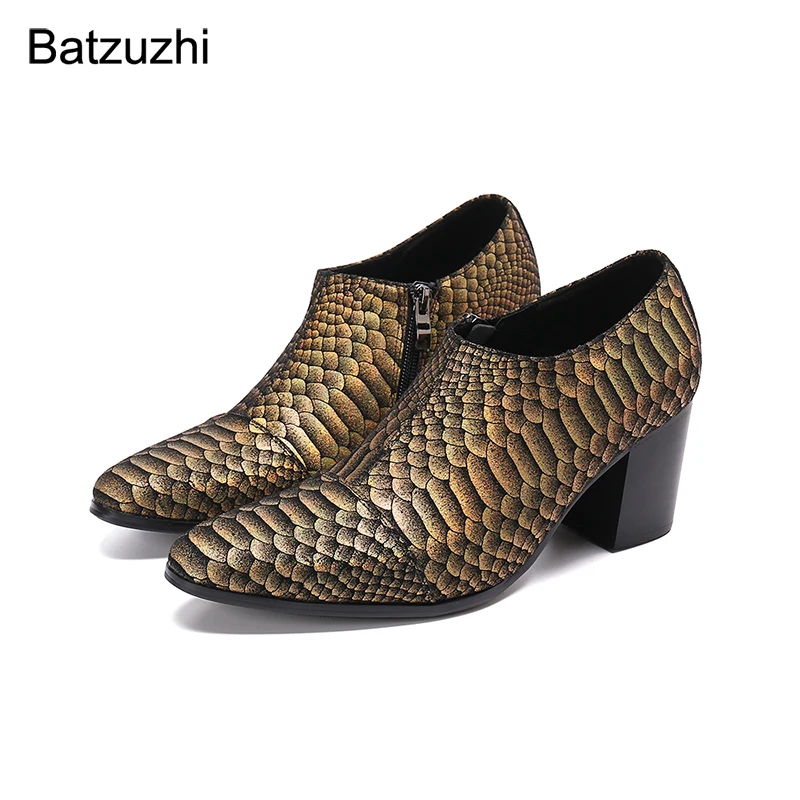 

Batzuzhi Men's Shoes 7.5cm High Heel Pointed Toe Fish Pattern Leather Ankle Boots Men Zip Red Party and Wedding Shoes Male