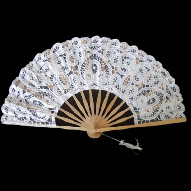 10PCS 27cm Size Handmade Lady's Embroidery Lace Hand Fan White Color Wedding Favor With Tassel For Bride