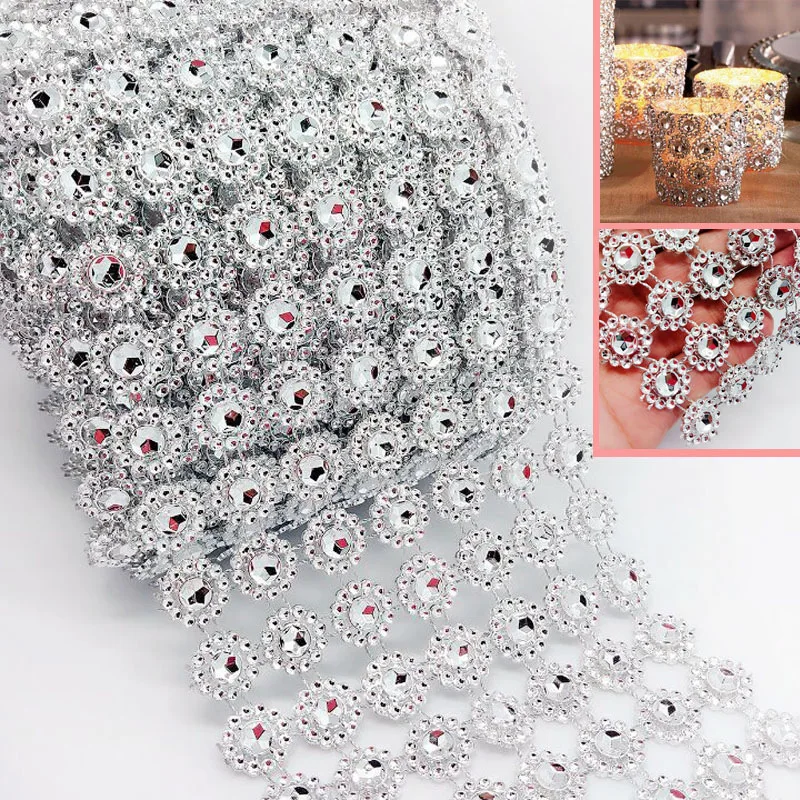 1 Yard Silver Crystal Ribbon Faux Diamond Acrylic Ribbon Wrap Flower Shape Mesh Wrap Roll for Wedding Party Decorations