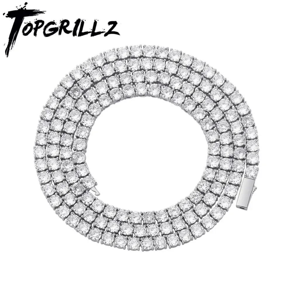 TOPGRILLZ 3MM-6MM Sprężynowa klamra Iced Out Pełna cyrkonia sześcienna 1-rzędowy naszyjnik z łańcuszkiem tenisowym Biżuteria hip-hopowa w kolorze złotego srebra