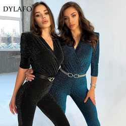 2021 New Black Sparkly Glitter Shoulder Pads Jumpsuit Women Spring V-Neck Bodycon Rompers Elegant Ladies Slim Partywear Overalls