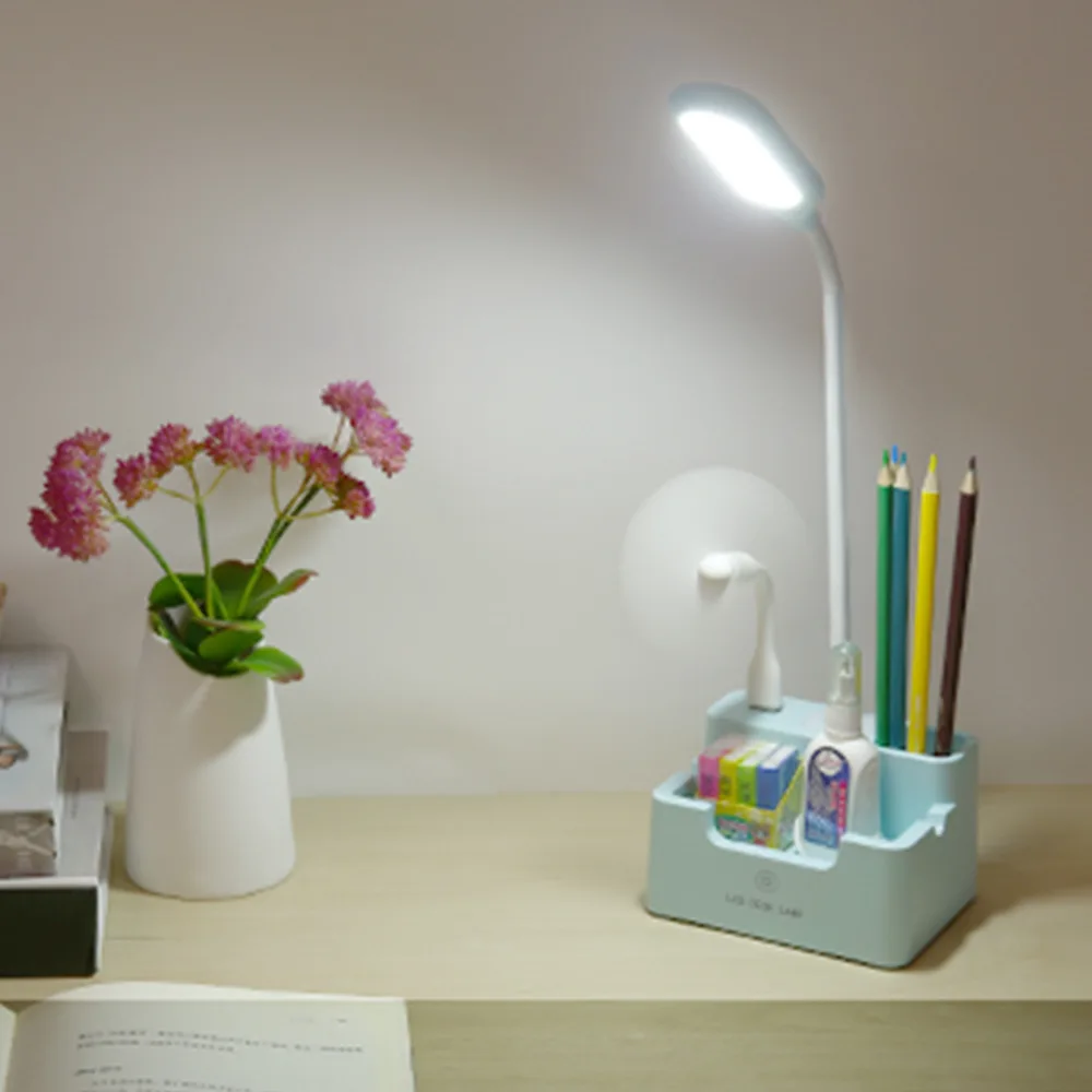 Carregamento conduziu a lâmpada de mesa com ventilador toque regulável lâmpada de mesa proteção para os olhos lâmpada leitura com suporte do telefone caneta titular