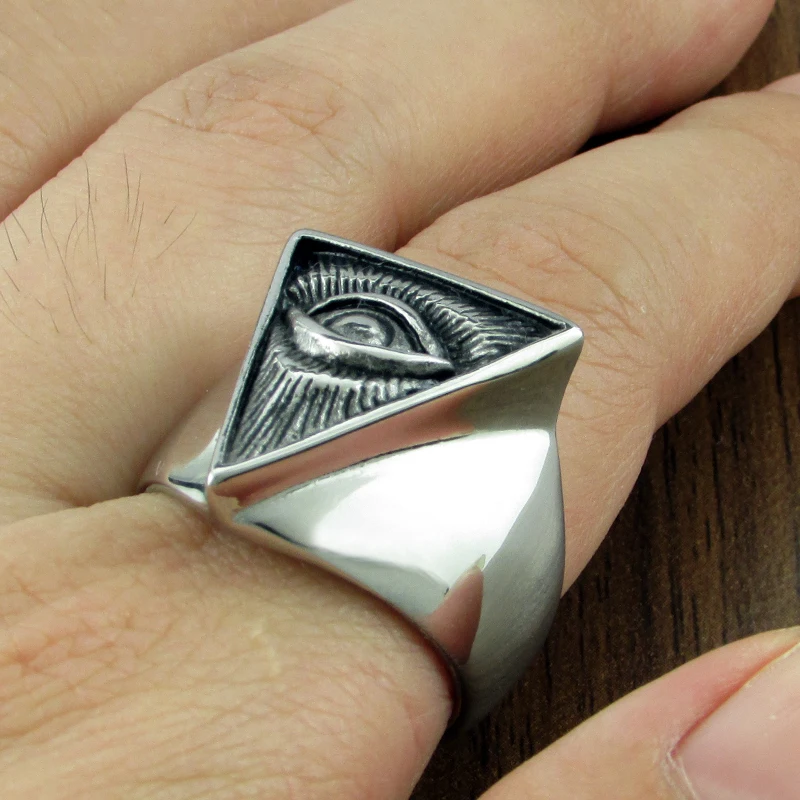 Punk Men's 316L Stainless Steel Illuminati Pyramid Eye Symbol Biker Ring Silver Color Freemason Triangle Masonic Rings Jewelry