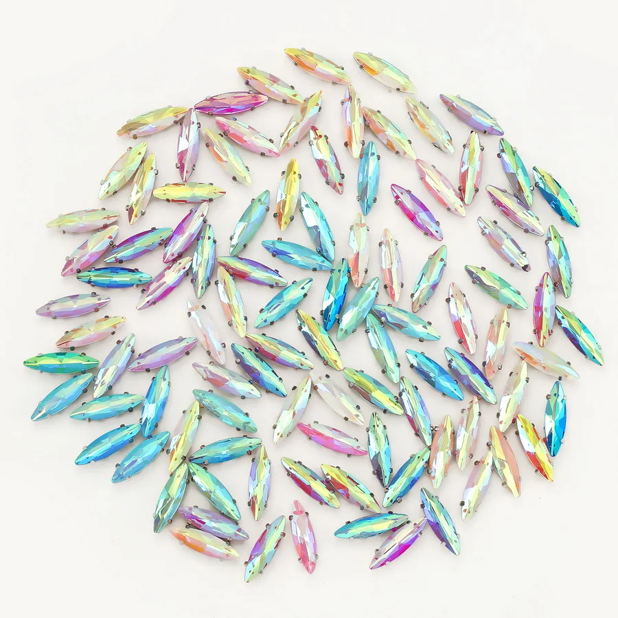 50 Stück/Beutel Silberne Krallenfassungen, schlanke Navette-Form, 4*15mm, Jelly Candy AB & Klar, zum Aufnähen auf Glas-Kristall-Strasssteinen für Schuhe, DIY – Detail 3
