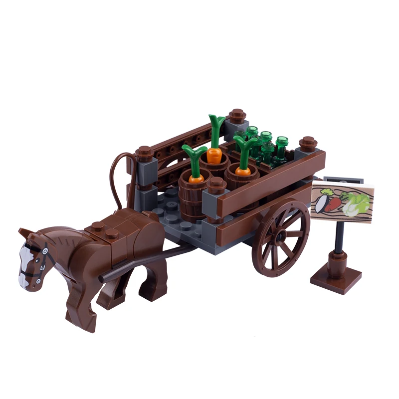 MOC Medievale Militare Cavallo da Guerra Building Blocks Castello Cavaliere Slitta Bue Carrello Carrelli Nani Legno Verdura Arma Mattoni Giocattolo Regali