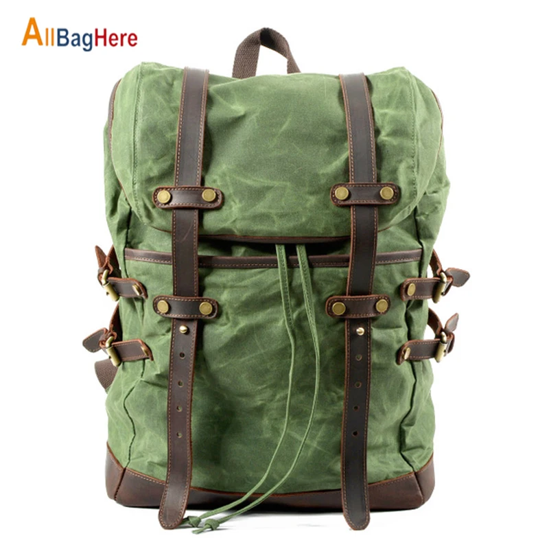 Waxed Canvas Leather Men Backpack Vintage School Military Backpack Male Outdoor Large Capacity Waterproof Laptop Travel Rucksack