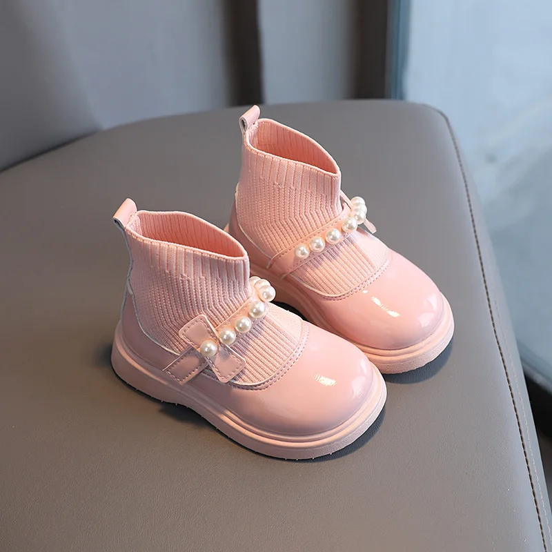 Winter Girls Plus Velvet Warm Leather Boots Student Knitting Patchwork Anti-Slip Boots Kids Pearl Soft Bottom Shoes G420