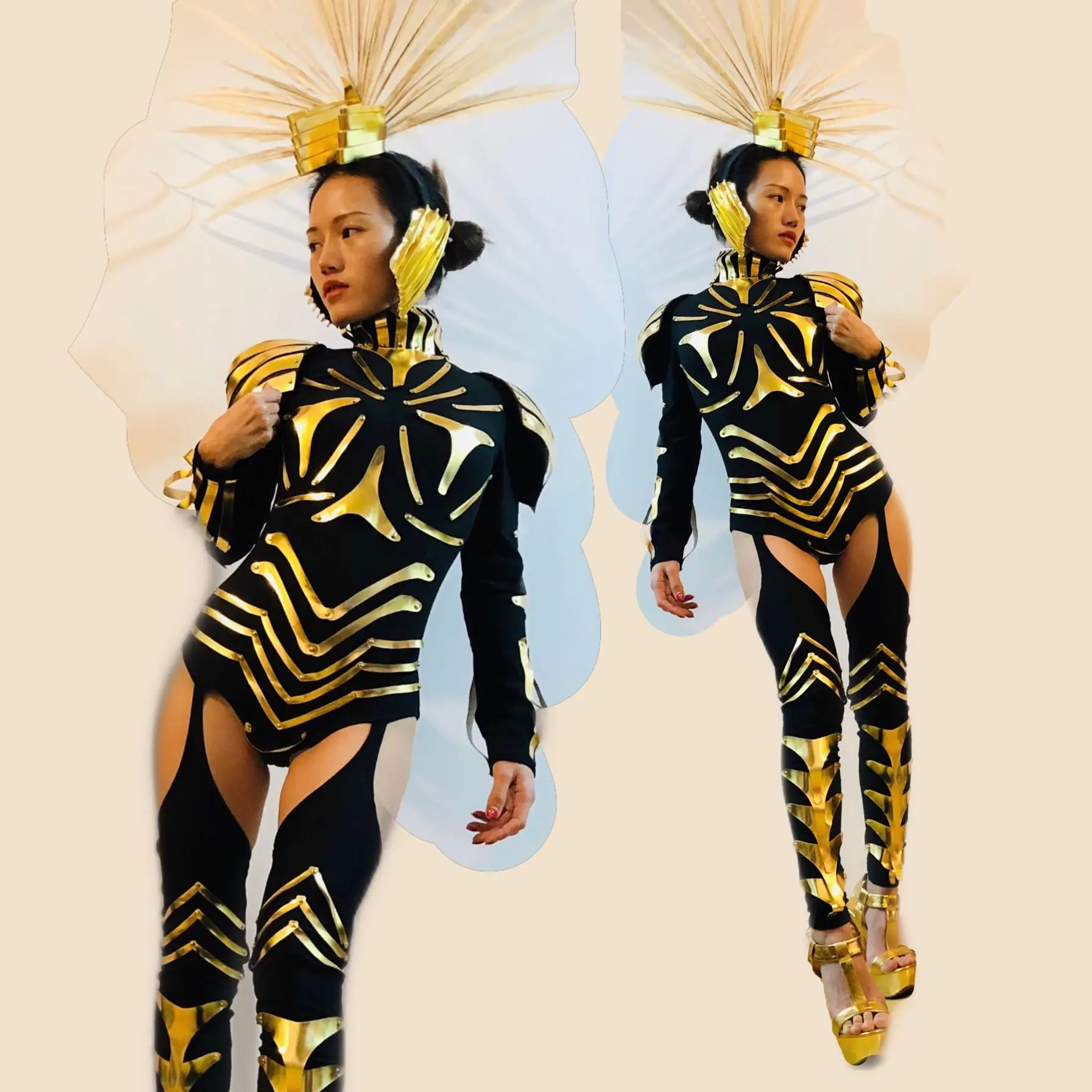 

Gold Black Mirror Jumpsuit Stage Wear Female Warrior Role-playing Performance Clothes DJ Nightclub Dance Team Cosplay Costume