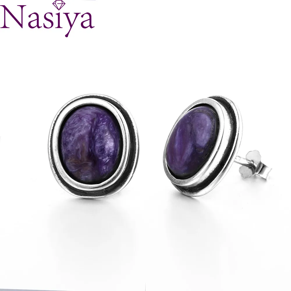 Nasiya 8x10MM Charoite 925 Sterling Silver Earring Studs For Women Vintage Fashion Jewelry Engagement Party Anniversary Gift