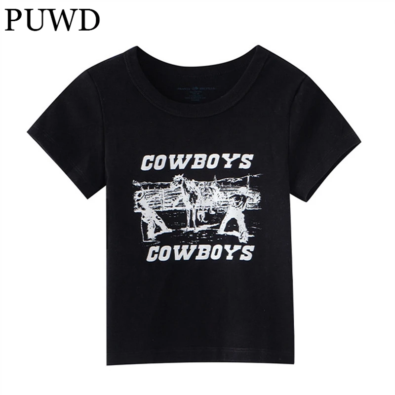 PUWD Cute Girls Letter Print O Neck Soft Cotton T-shirt 2022 Summer Fashion Ladies Streetwear Crop Tops Vintage Women Chic Tees