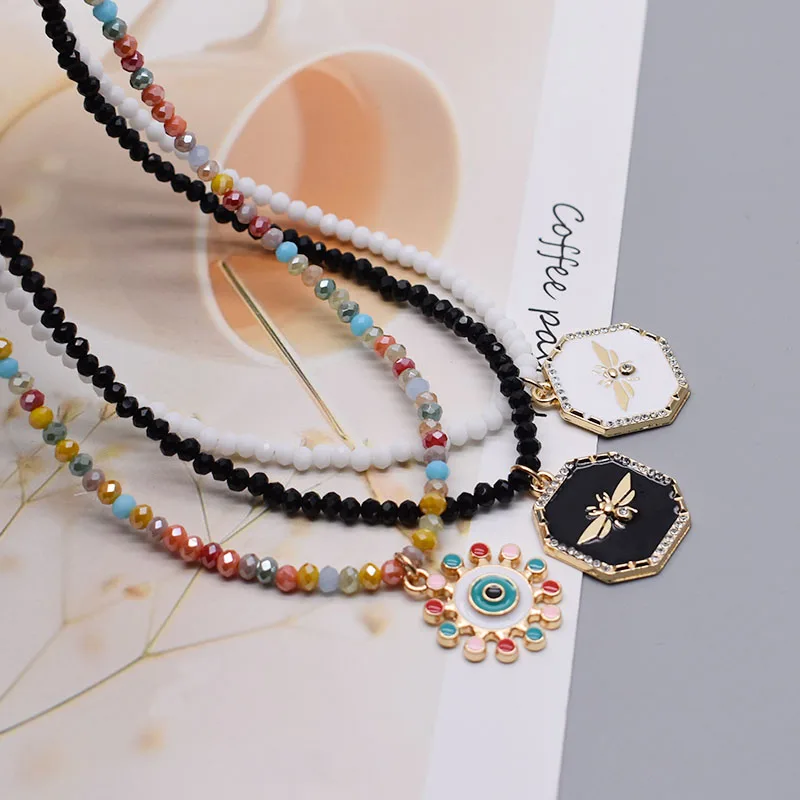 Fashion Alloy Honeybee Evil Eye Charms Hanger Ketting Kristallen Glazen Kralen Ketting Chokers Kettingen Voor Vrouwen Sieraden Party Girl