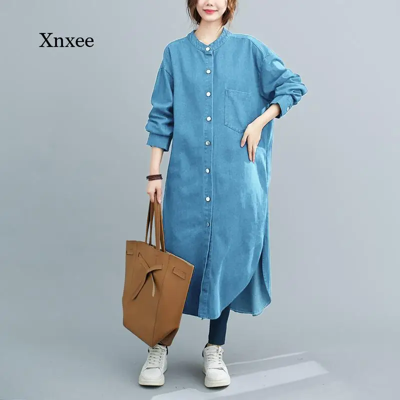 

Spring and Autumn Fashion Slim Loose Long Denim Shirt Jacket Straight Tube Women's Dress