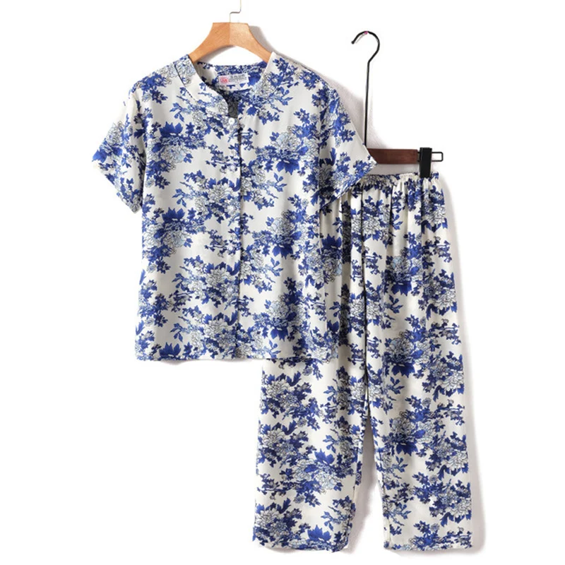 Novelty Sleepwear Women Pajamas Set Night Suit For Mother&Grandma Pijamas Summer Pyjama Femme Printing Cardigan Home Clothes