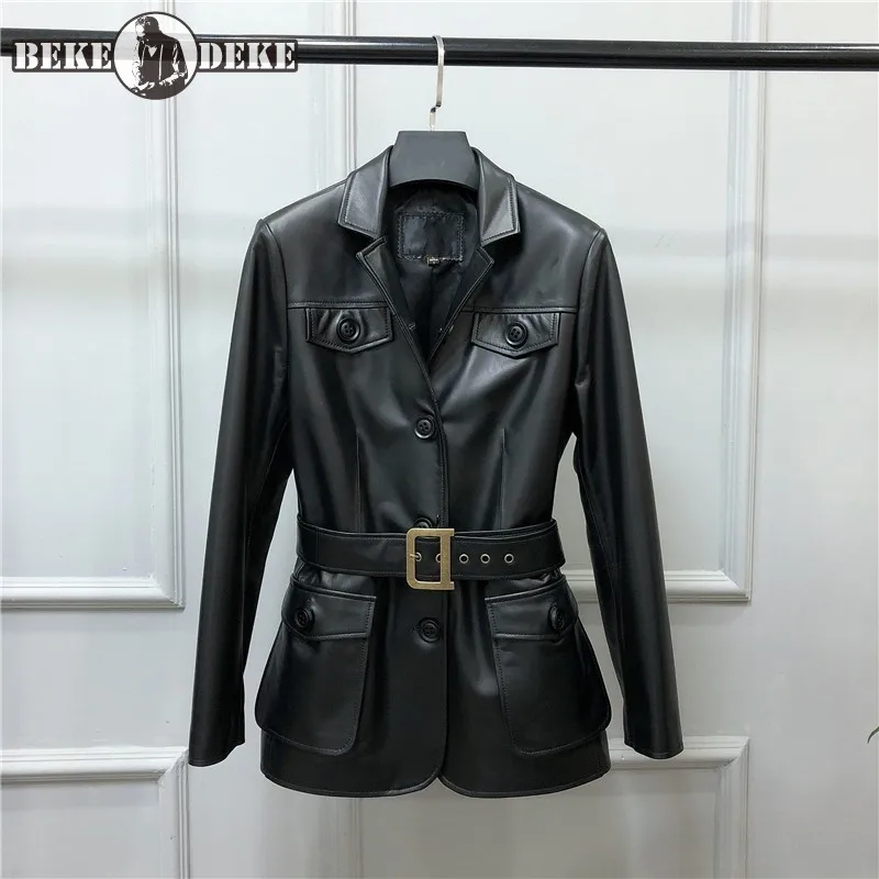 100% Genuine Leather Jacket Female Punk Short Coat Biker Pocket Slim Fit Sashes Windbreakers Office Classic Sheepskin Outerwear