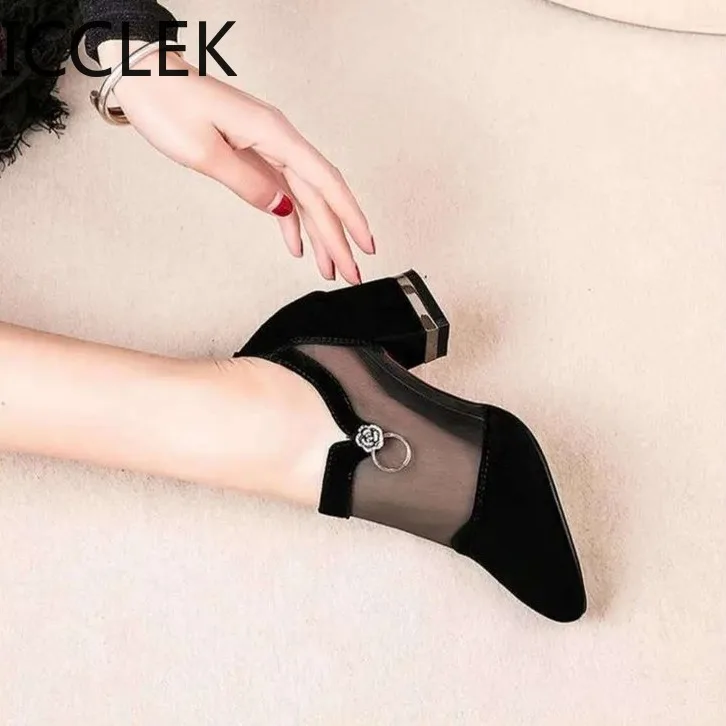 Women High Heel Shoes Mesh Breathable Pumps Zip Pointed Toe Thick Heels Fashion Female Dress Shoes Elegant Footwear A011