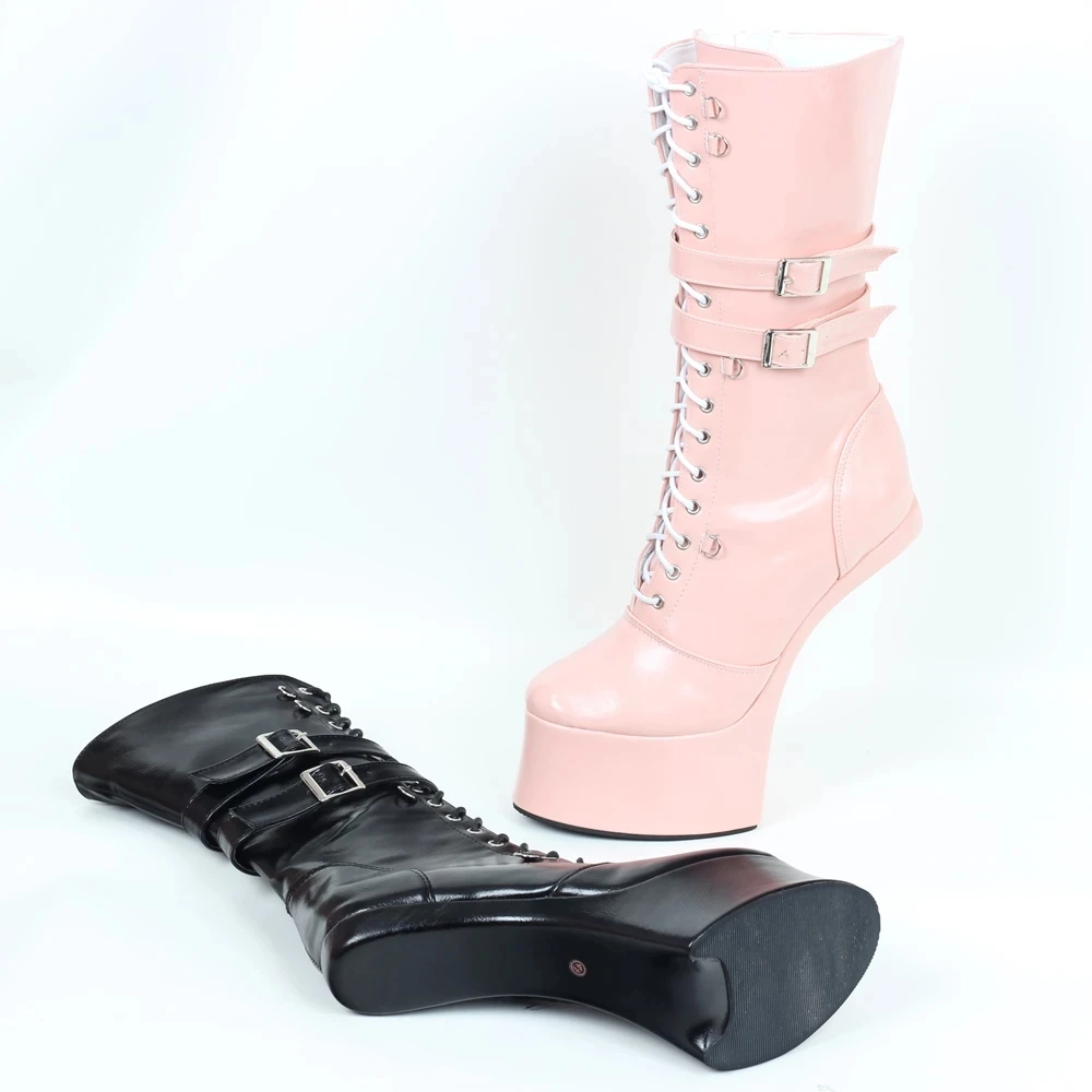 jialuowei 18CM Super High Horse Heel Hoof Sole Platform Sexy Fetish Cross-tied Mid-Calf Boots