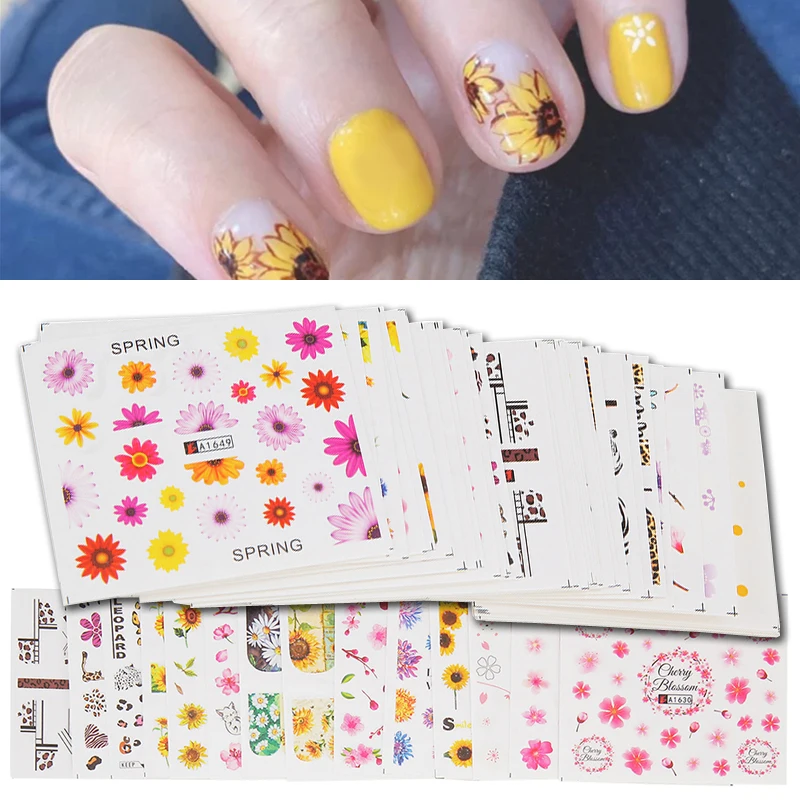 Sunflower and Leopard Nail Stickers, Transfer Sliders, Decoration Image, Art Designs, Water Decals Set, 48Pcs