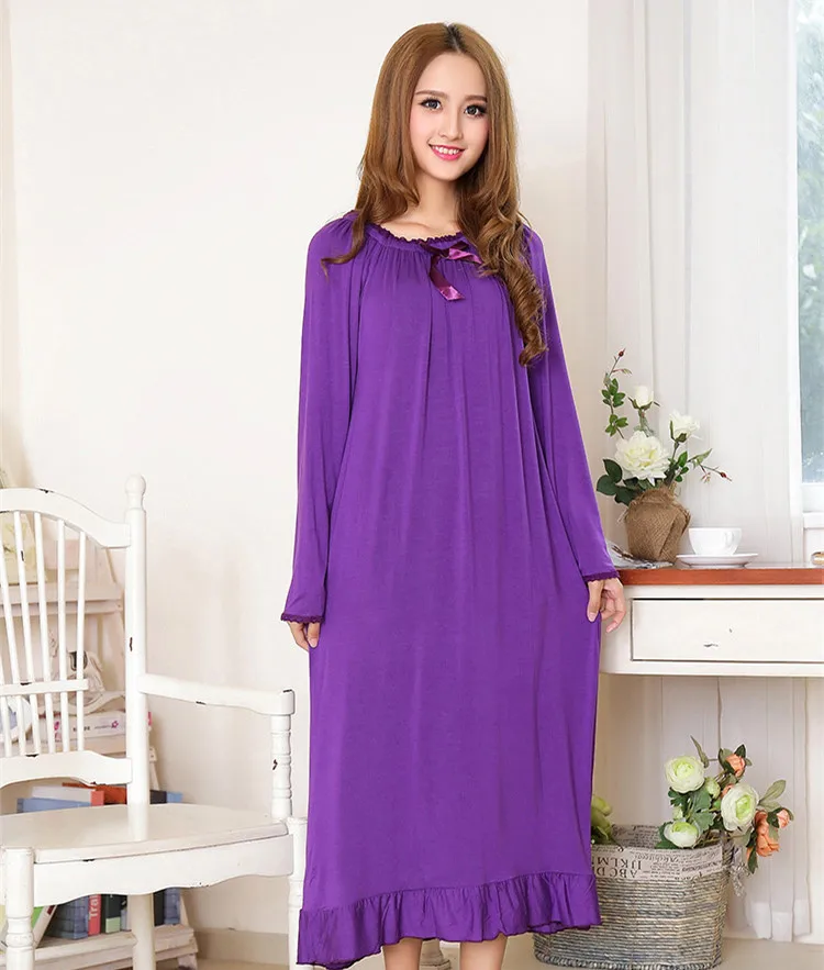 Spring And Autumn Women\'s Long Sleeve Round Neck Pullover Nightdress Cotton Loose Casual Long Princess Style Home Clothing