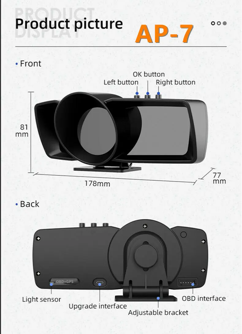 Smart Gauge OBD2+GPS HUD 3 LCD Screen Speedometer Alarm Light Detect Car Datas Clear Fault Adjustable Bracket AP-7