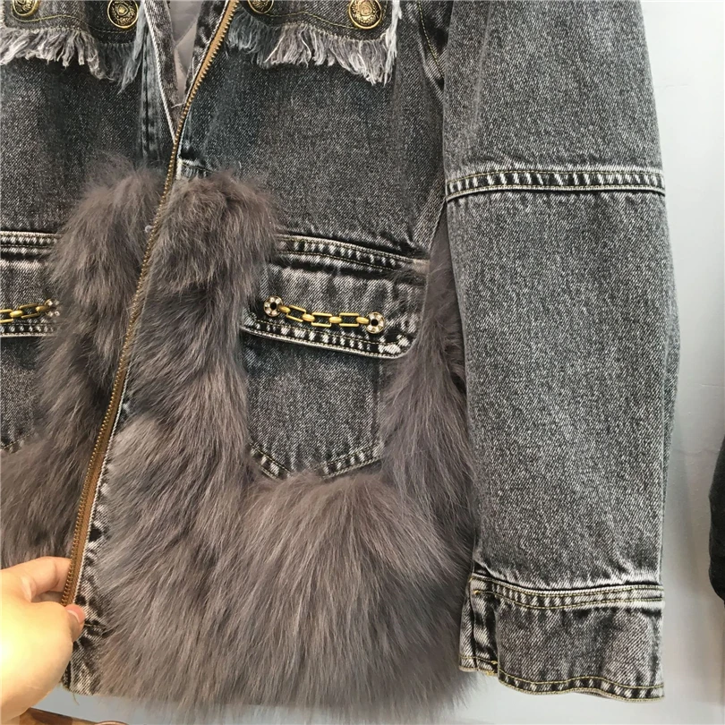 2023 winter new chic patchwork real fox fur denim jacket female thick warm fur parka metal buttons raw edge chain padded jacket