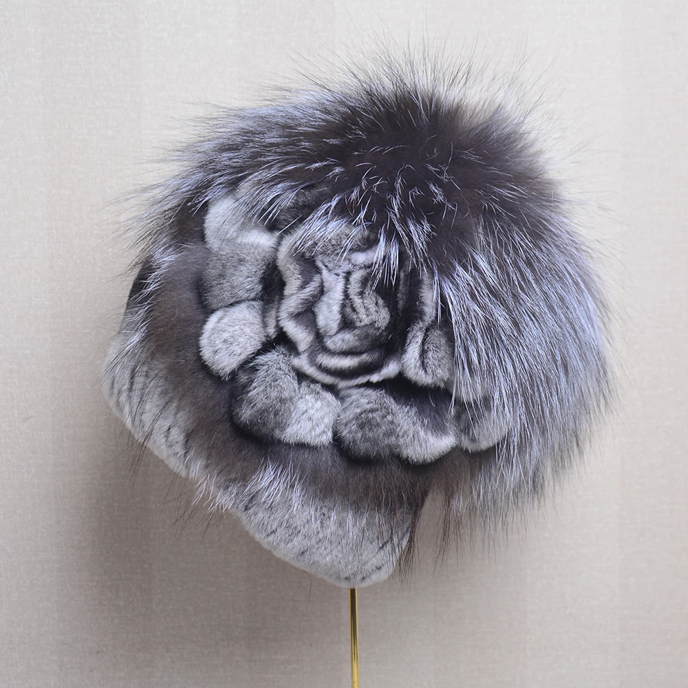 Winter Hat Women Rex Rabbit Fur Warm Knitted Hand Sewn Floral Fox Elegant Stylish Ladies Cold Hat Furry Cap Natural Fur Hat