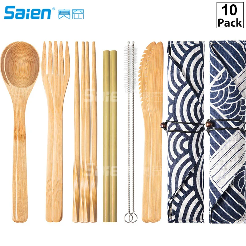 

10 Sets of Reusable Bamboo Utensils Travel Cutlery Set, Forks Knives Chopsticks Spoons Straws and Brushes, Camping Flatware Set