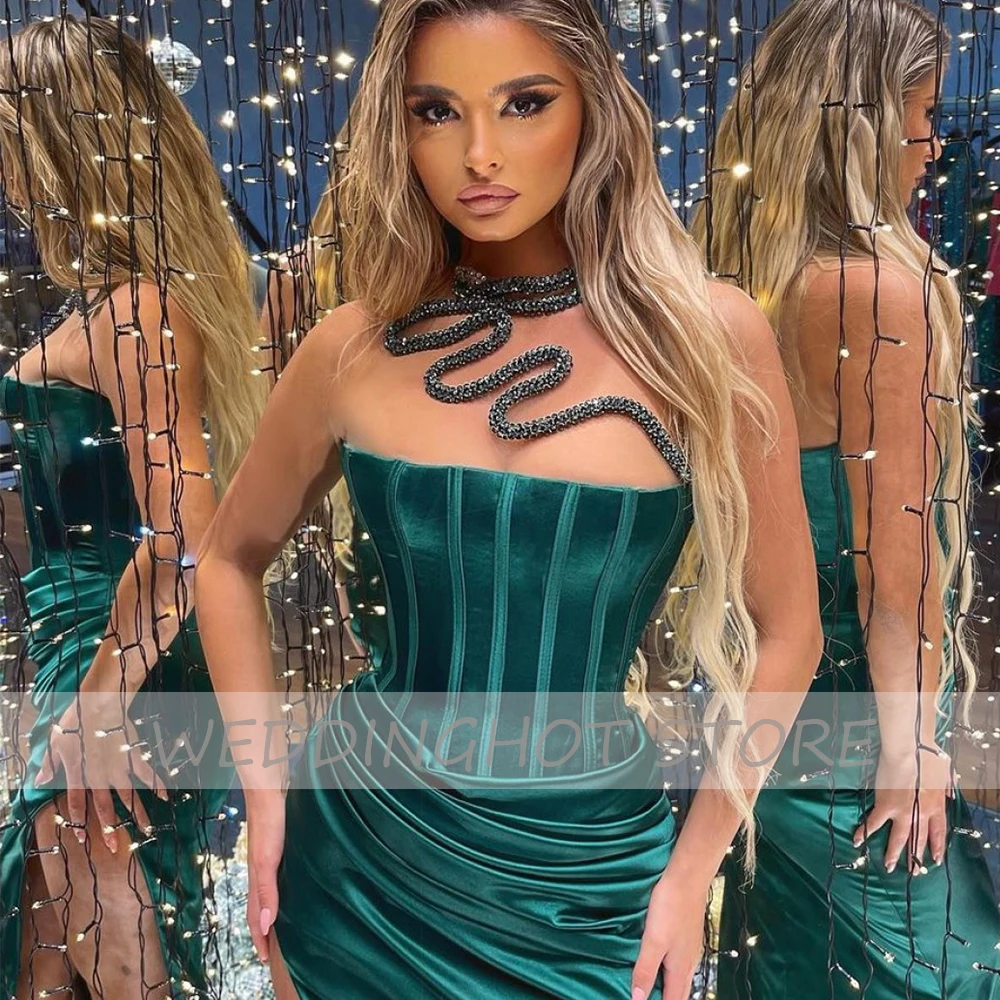 Green Satin Avondjurken 2022 Vrouwen Eenvoudige Mermaid Prom Gown Strapless Side Split Rits Sexy Party Jurk Robes De Soiree