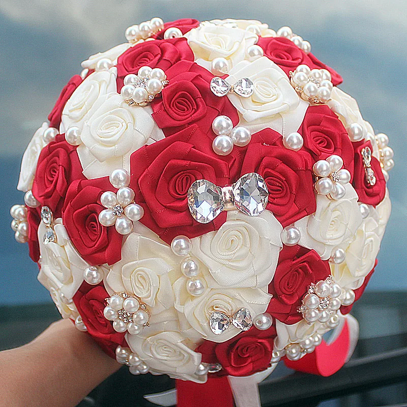 

High Quality Ivory Wine Red Silk Rose Artificial Flowers Wedding Bridal Bouquet Elegant Pearl Bride Bridesmaid Bouquets W128-3