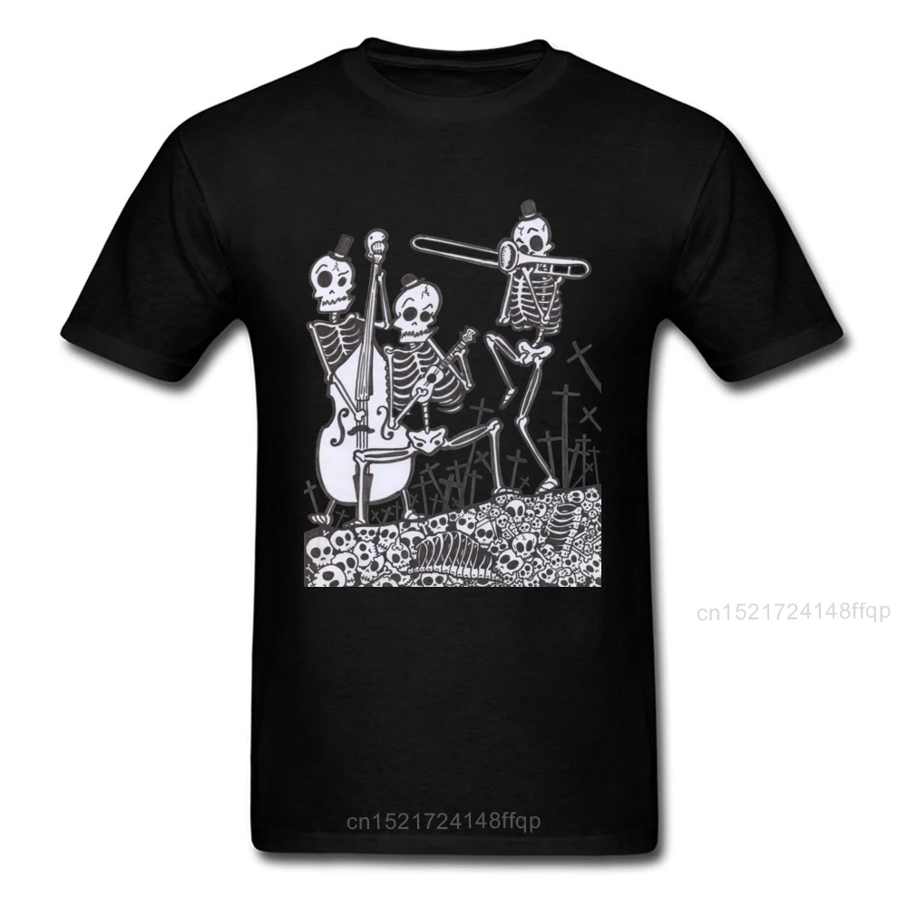 Skeleton Jazz Band T-shirt Fashionable T Shirt Men Black Tshirts Skulls Printed Clothing Hipster Tees Streetwear Cotton Tops