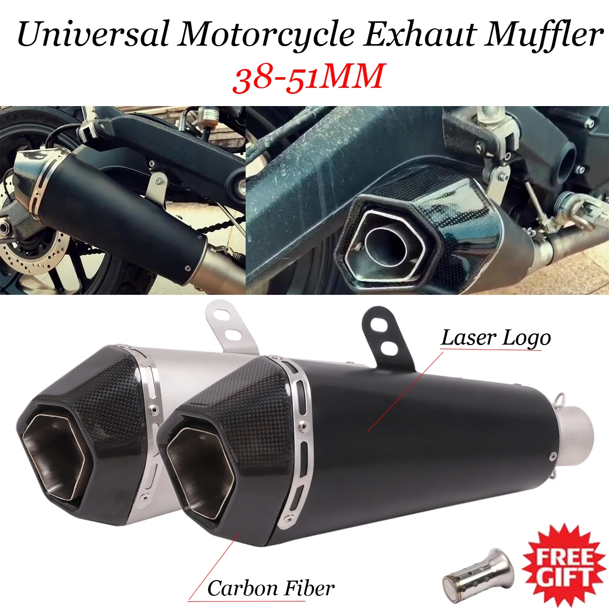 

38-51mm Universal Motorcycle Carbon Fiber GP Exhaust Muffler For FZ1 R6 R15 R3 Z900 K6 K7 K8 NINJA 650 Scrambler 800