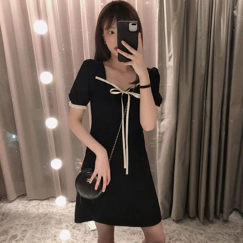 

Retro Korean-Style Skirt Small Black Dress Puff Sleeve V-neck Dress Female Summer Woman Dress Vestido De Mujer Femme Robe